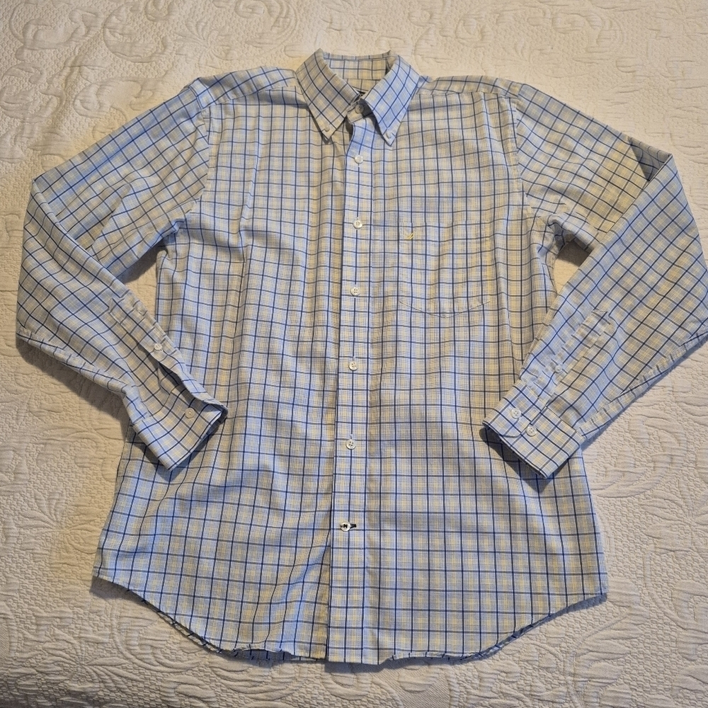 Nautica men's Medium tailored fit blue, white yellow plaid long sleeve button up